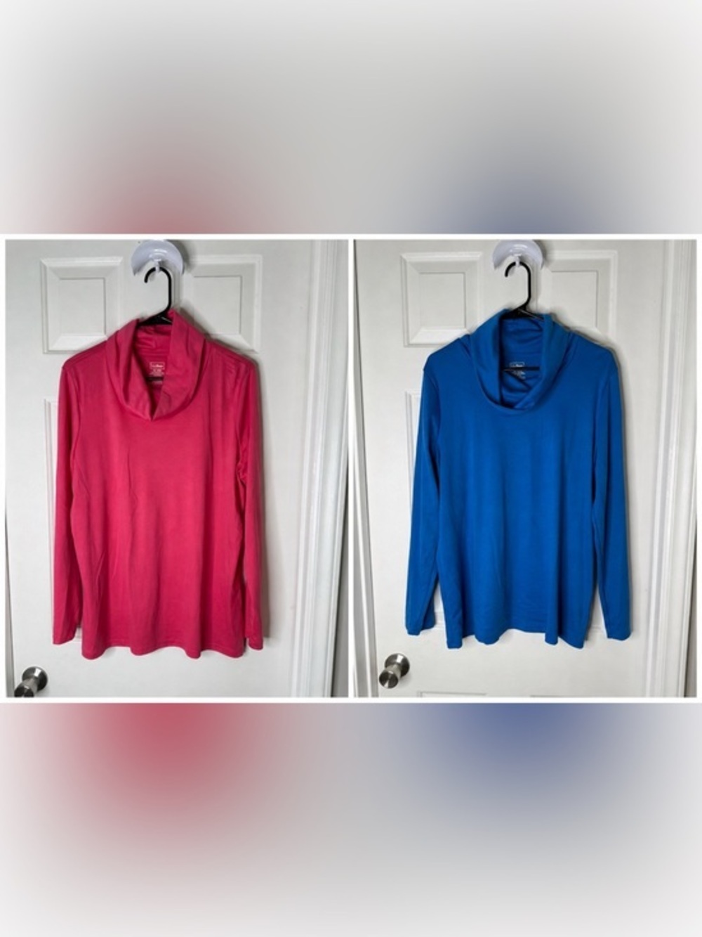 L.L. Bean Bright Blue and Pink Cowl Neck Long Sleeve XL Cotton Tee